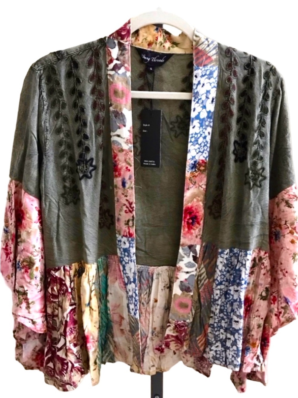 Young Threads Olive Gray Green Patchwork Floral Embroidered Kimono Jacket